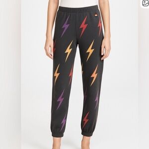 Aviator Nation Velvet Black Sweatpants with Yellow,Purple, Orange,Pink Lightning